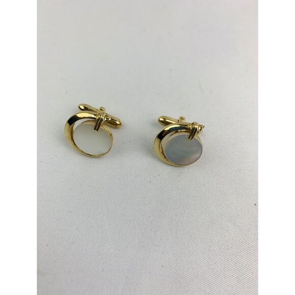 Vintage Signed Swank Cufflinks Goldtone and Mother of Pearl Bullet Back - Picture 4 of 10